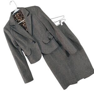 EXPRESS DESIGN STUDIO! DEEP BROWN, CREAM TWEEDY LEOPARD LINED SKIRT SUIT! SZ 0
